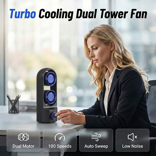 🌬️Dual-Head Desktop Tower Fan 100-Speed Stepless - Powerful Airflow for Home & Office❄️
