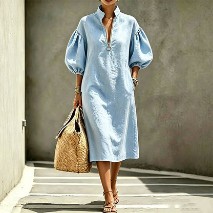 👗✨Women's Half-Zipper Stand Collar Puff Sleeve Dress – Stand Collar Elegant Look 🔥