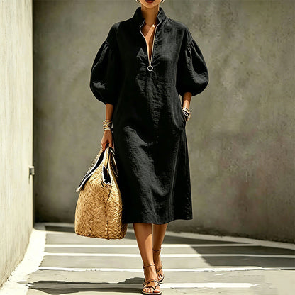 👗✨Women's Half-Zipper Stand Collar Puff Sleeve Dress – Stand Collar Elegant Look 🔥