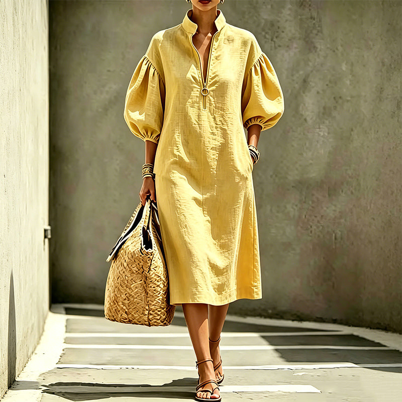 👗✨Women's Half-Zipper Stand Collar Puff Sleeve Dress – Stand Collar Elegant Look 🔥