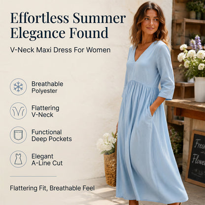 👗Women's V-Neck 3/4 Sleeve Maxi Dress – Elegant Flowy Long Dress ✨