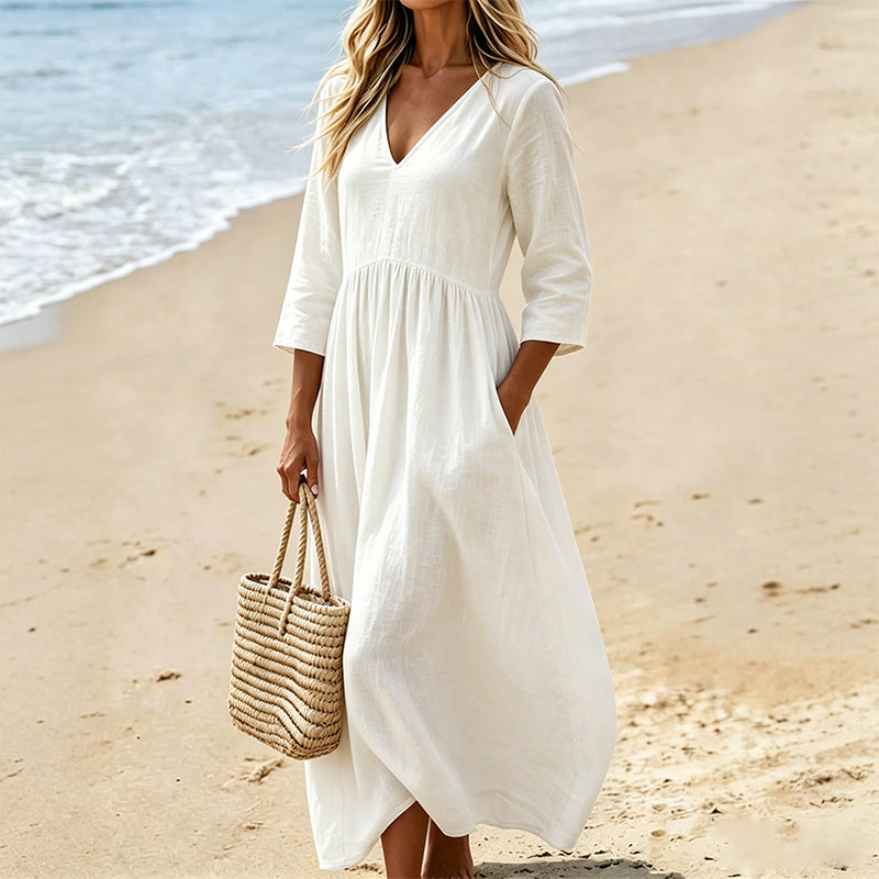 👗Women's V-Neck 3/4 Sleeve Maxi Dress – Elegant Flowy Long Dress ✨