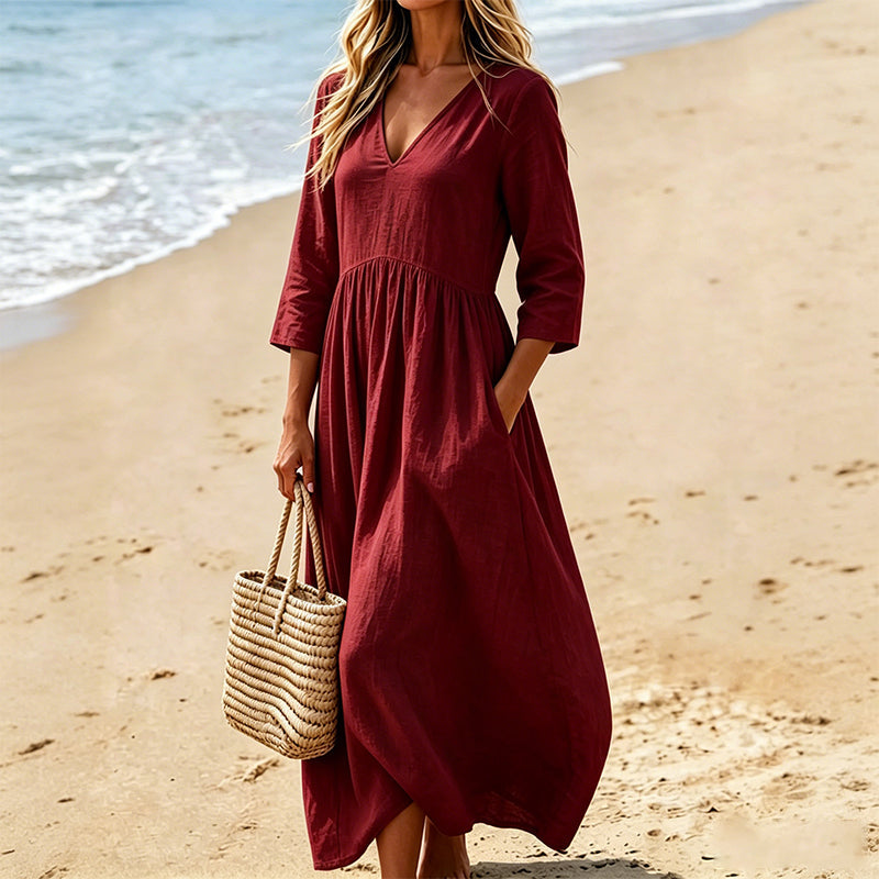 👗Women's V-Neck 3/4 Sleeve Maxi Dress – Elegant Flowy Long Dress ✨
