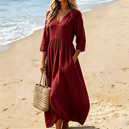 👗Women's V-Neck 3/4 Sleeve Maxi Dress – Elegant Flowy Long Dress ✨