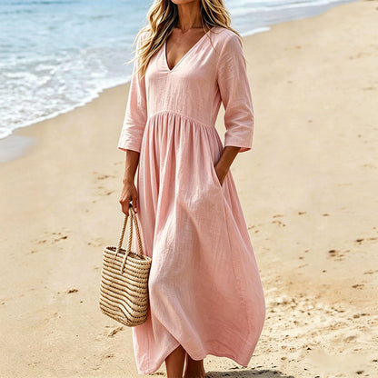 👗Women's V-Neck 3/4 Sleeve Maxi Dress – Elegant Flowy Long Dress ✨