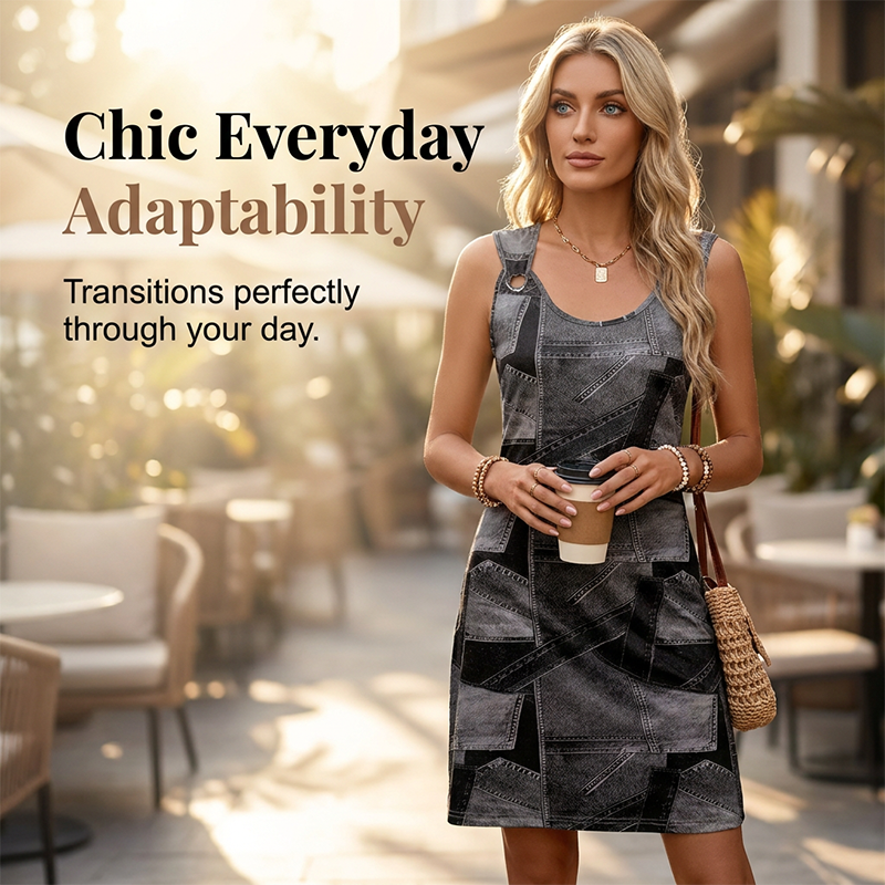 👗✨Damenärmelloses Kleid mit Faux-Denim-Print – atmungsaktiv & schmeichelhaft 🔥