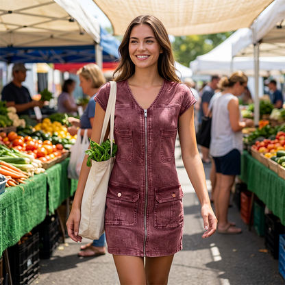 👗Women's Casual Short Sleeve Zipper Dress – Pocket Detail Everyday Dress ✨