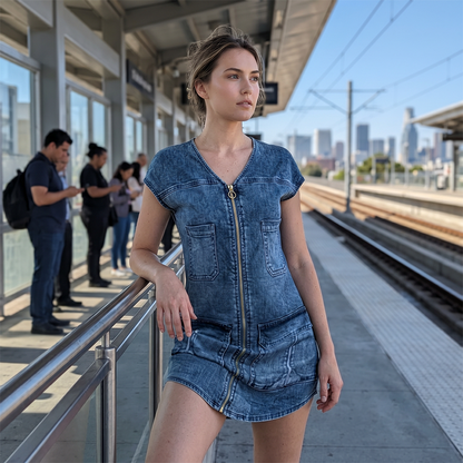 👗Women's Casual Short Sleeve Zipper Dress – Pocket Detail Everyday Dress ✨