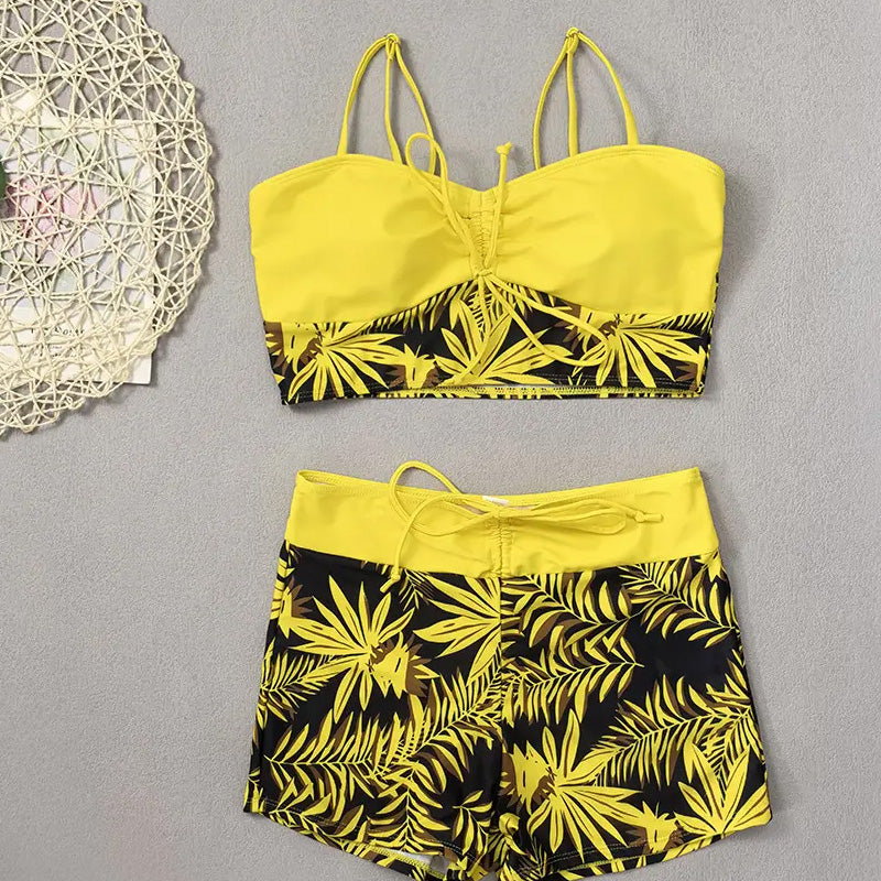 🔥While Supplies Last 52% OFF!Flattering High-Waist Bikini Set | Sporty Boxer Cut & Chic Lace-Up Top | Quick-Dry Tummy Control Beachwear