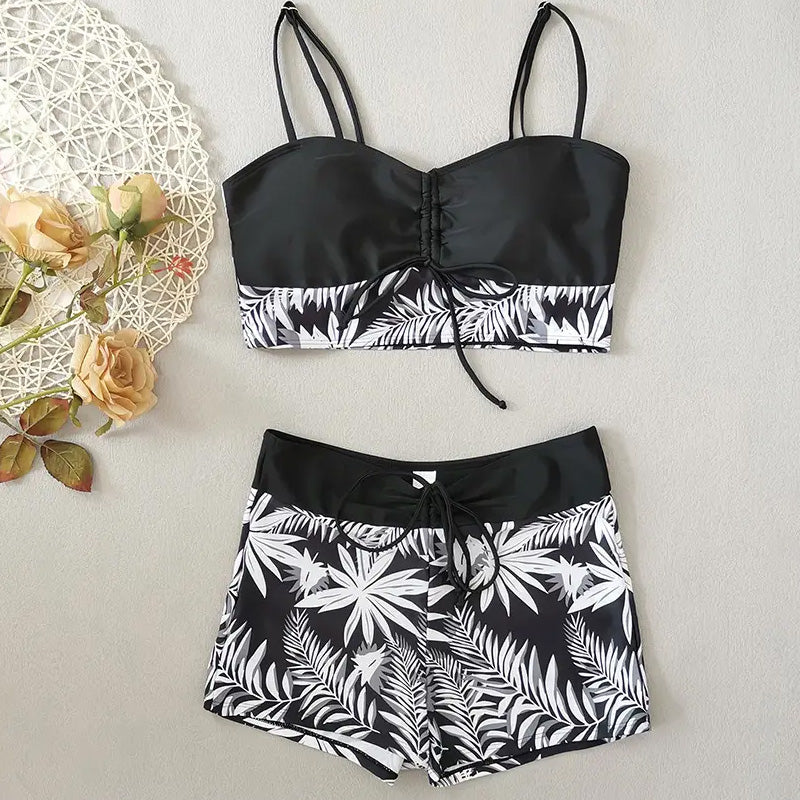 🔥While Supplies Last 52% OFF!Flattering High-Waist Bikini Set | Sporty Boxer Cut & Chic Lace-Up Top | Quick-Dry Tummy Control Beachwear