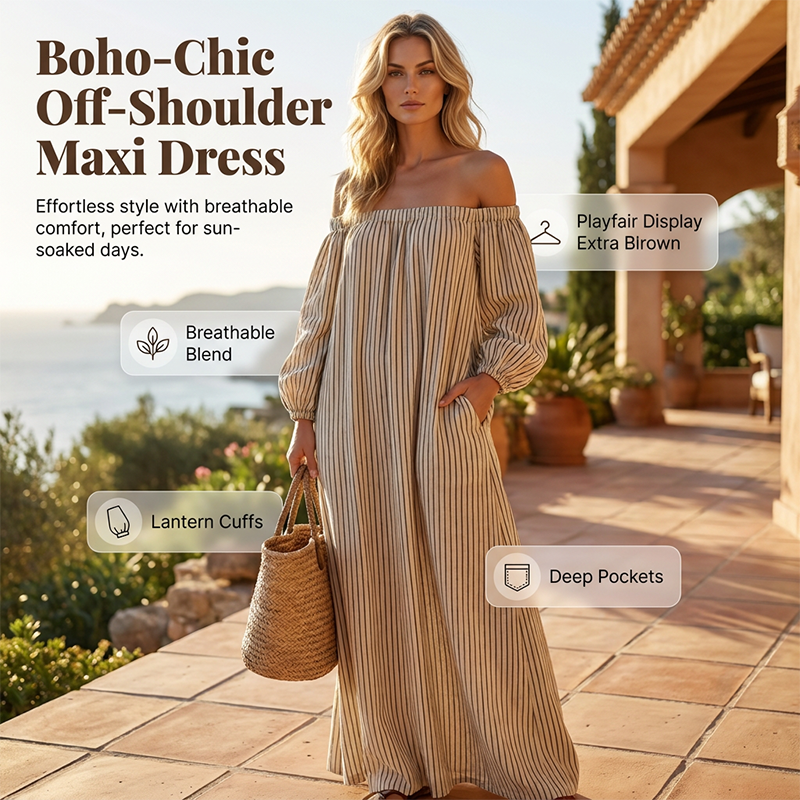 👗 NUR FÜR KURZE ZEIT 50 % RABATT! ✨ Damen Off-Shoulder Maxikleid – Laternenärmel, lockere Passform, Seitentaschen 🌸