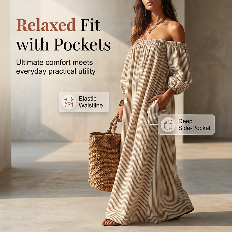 👗 NUR FÜR KURZE ZEIT 50 % RABATT! ✨ Damen Off-Shoulder Maxikleid – Laternenärmel, lockere Passform, Seitentaschen 🌸