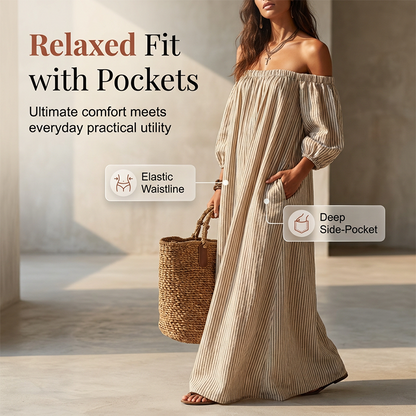 👗 NUR FÜR KURZE ZEIT 50 % RABATT! ✨ Damen Off-Shoulder Maxikleid – Laternenärmel, lockere Passform, Seitentaschen 🌸