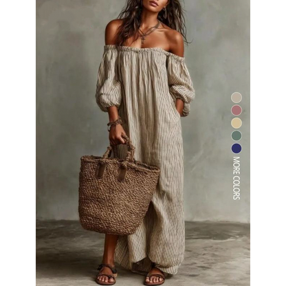 👗 NUR FÜR KURZE ZEIT 50 % RABATT! ✨ Damen Off-Shoulder Maxikleid – Laternenärmel, lockere Passform, Seitentaschen 🌸