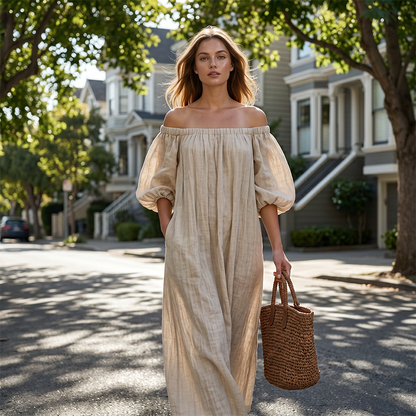 👗 NUR FÜR KURZE ZEIT 50 % RABATT! ✨ Damen Off-Shoulder Maxikleid – Laternenärmel, lockere Passform, Seitentaschen 🌸