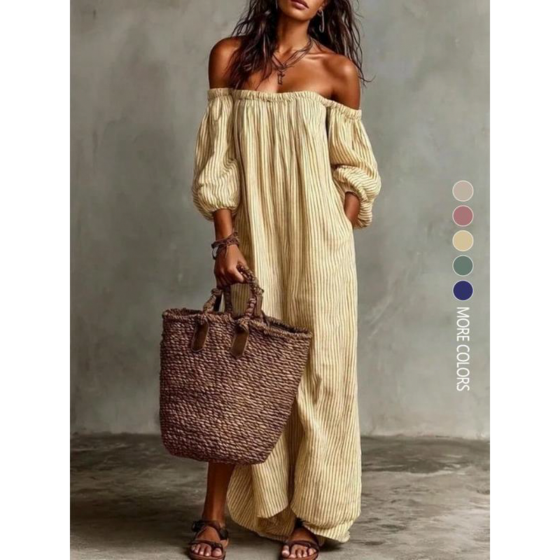 👗 NUR FÜR KURZE ZEIT 50 % RABATT! ✨ Damen Off-Shoulder Maxikleid – Laternenärmel, lockere Passform, Seitentaschen 🌸