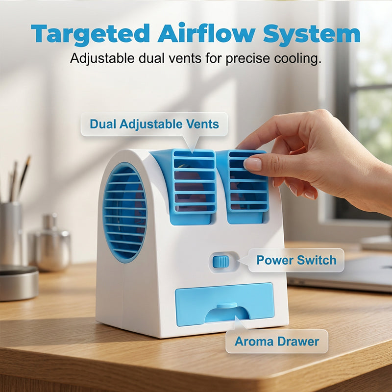🌬️Portable Dual-Outlet Fan with Ice Drawer– Ultra Quiet Cooling 🔥🌬️