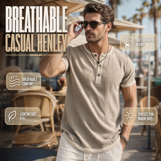 👕Men's Short Sleeve Breathable Henley Shirt– Breathable Textured Top With Contrast Trim✨