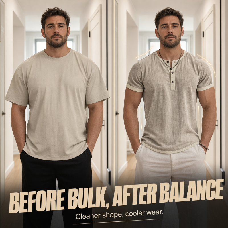 👕Men's Short Sleeve Breathable Henley Shirt– Breathable Textured Top With Contrast Trim✨
