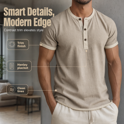 👕Men's Short Sleeve Breathable Henley Shirt– Breathable Textured Top With Contrast Trim✨