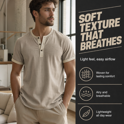 👕Men's Short Sleeve Breathable Henley Shirt– Breathable Textured Top With Contrast Trim✨