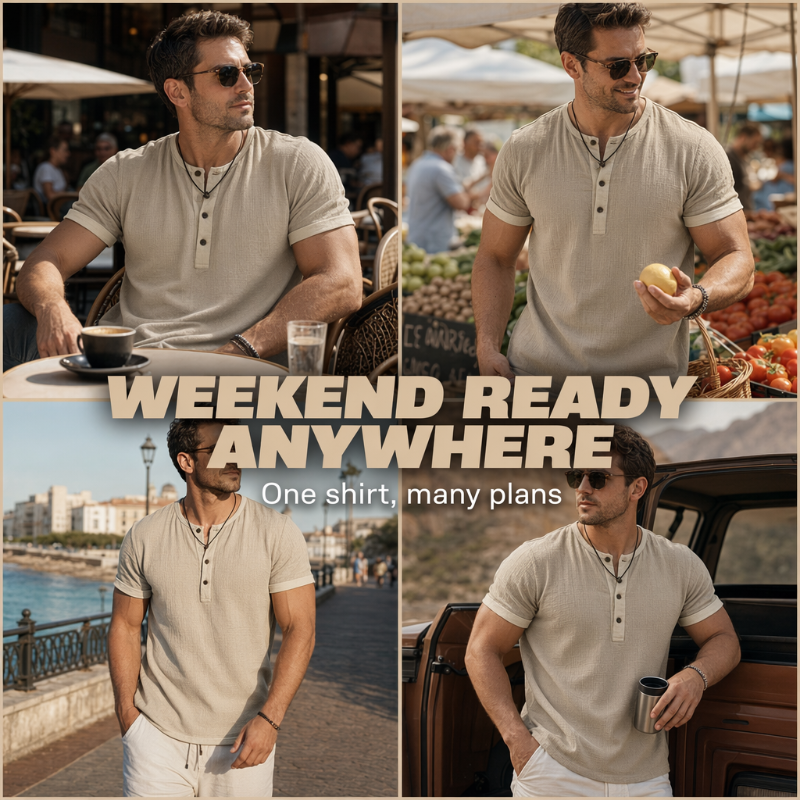 👕Men's Short Sleeve Breathable Henley Shirt– Breathable Textured Top With Contrast Trim✨