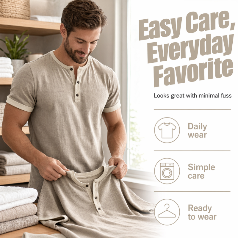 👕Men's Short Sleeve Breathable Henley Shirt– Breathable Textured Top With Contrast Trim✨