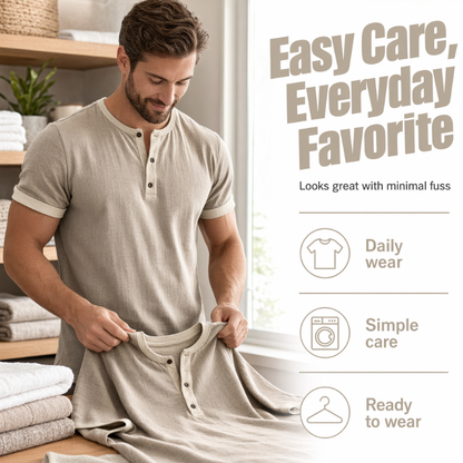 👕Men's Short Sleeve Breathable Henley Shirt– Breathable Textured Top With Contrast Trim✨