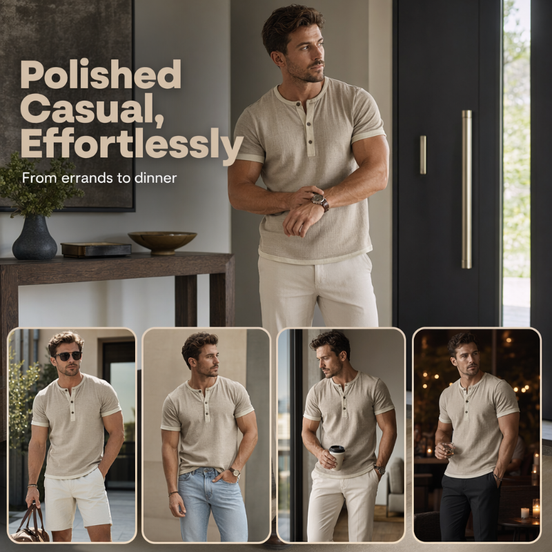 👕Men's Short Sleeve Breathable Henley Shirt– Breathable Textured Top With Contrast Trim✨
