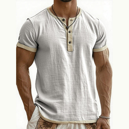 👕Men's Short Sleeve Breathable Henley Shirt– Breathable Textured Top With Contrast Trim✨