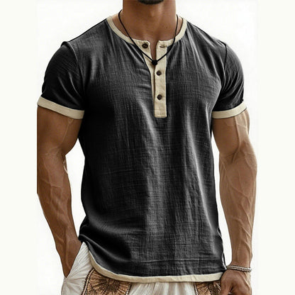 👕Men's Short Sleeve Breathable Henley Shirt– Breathable Textured Top With Contrast Trim✨