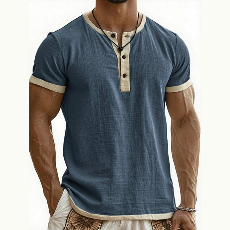 👕Men's Short Sleeve Breathable Henley Shirt– Breathable Textured Top With Contrast Trim✨