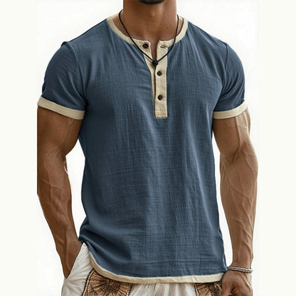 👕Men's Short Sleeve Breathable Henley Shirt– Breathable Textured Top With Contrast Trim✨