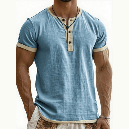 👕Men's Short Sleeve Breathable Henley Shirt– Breathable Textured Top With Contrast Trim✨