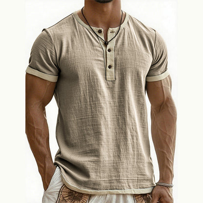 👕Men's Short Sleeve Breathable Henley Shirt– Breathable Textured Top With Contrast Trim✨