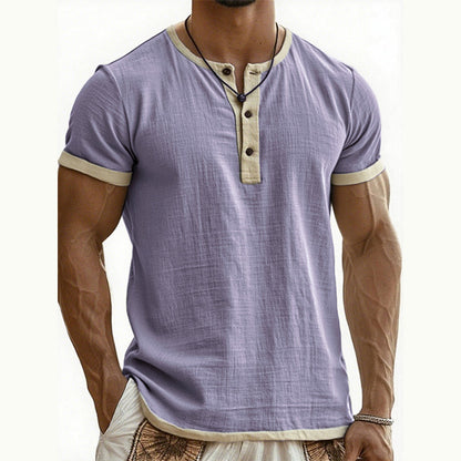 👕Men's Short Sleeve Breathable Henley Shirt– Breathable Textured Top With Contrast Trim✨