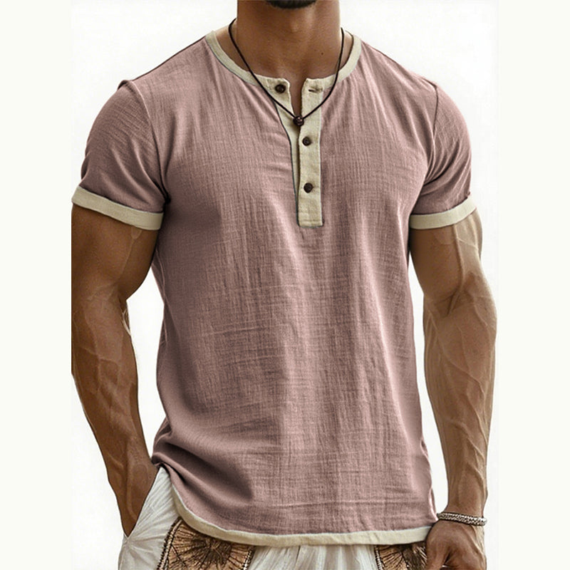 👕Men's Short Sleeve Breathable Henley Shirt– Breathable Textured Top With Contrast Trim✨