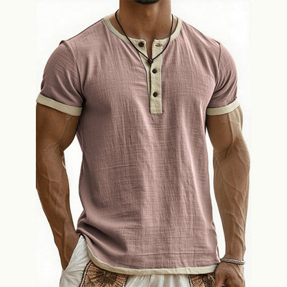 👕Men's Short Sleeve Breathable Henley Shirt– Breathable Textured Top With Contrast Trim✨