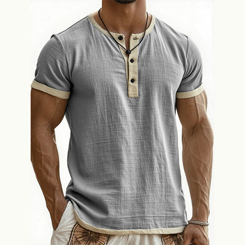 👕Men's Short Sleeve Breathable Henley Shirt– Breathable Textured Top With Contrast Trim✨