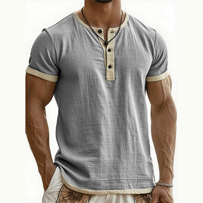 👕Men's Short Sleeve Breathable Henley Shirt– Breathable Textured Top With Contrast Trim✨