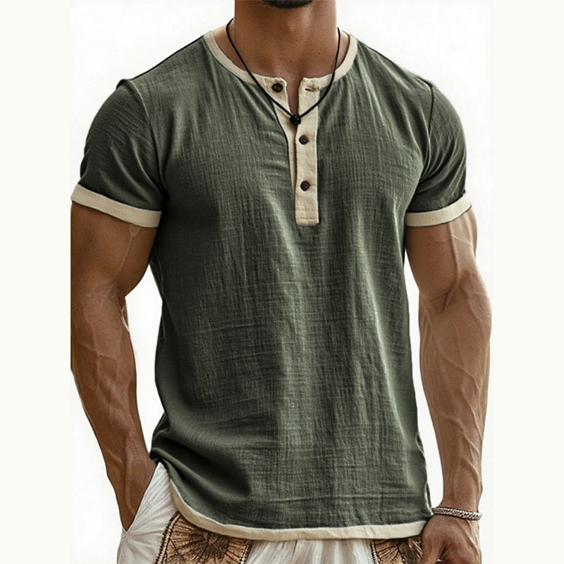 👕Men's Short Sleeve Breathable Henley Shirt– Breathable Textured Top With Contrast Trim✨