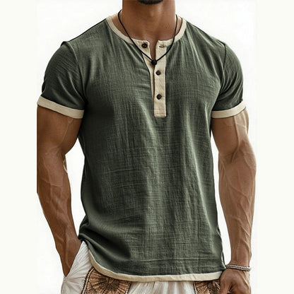 👕Men's Short Sleeve Breathable Henley Shirt– Breathable Textured Top With Contrast Trim✨
