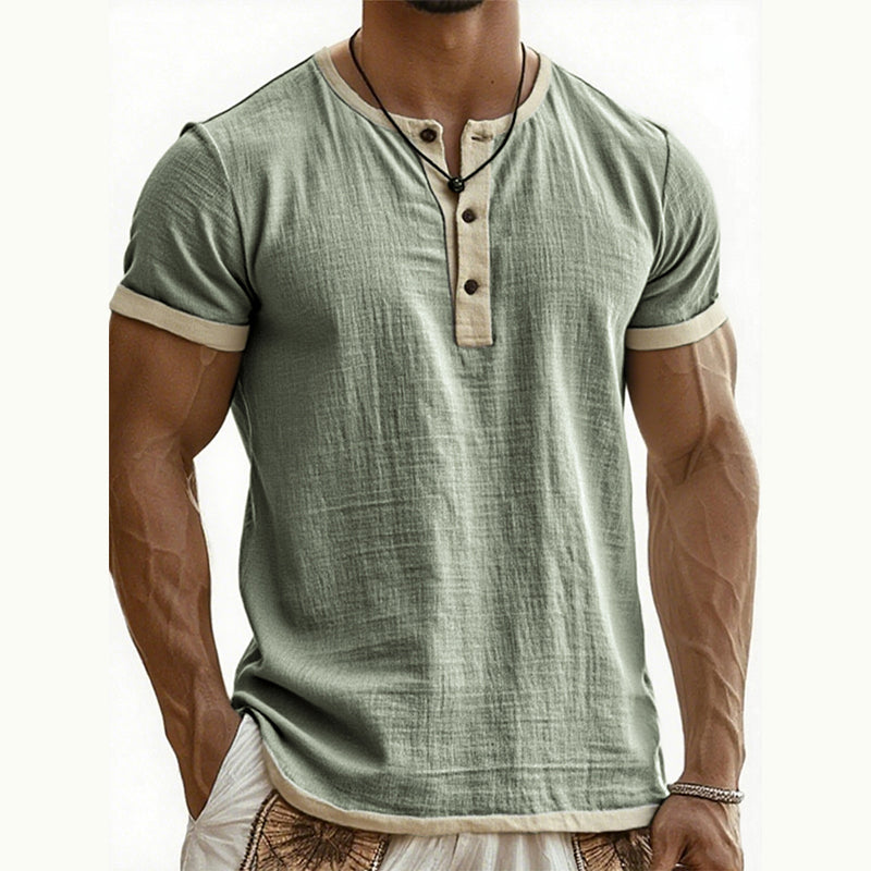 👕Men's Short Sleeve Breathable Henley Shirt– Breathable Textured Top With Contrast Trim✨