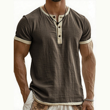 👕Men's Short Sleeve Breathable Henley Shirt– Breathable Textured Top With Contrast Trim✨