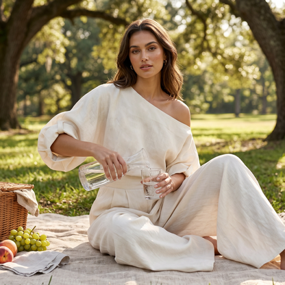 👗✨Women's Off-Shoulder Top And Wide-Leg Pants Set– Chic, Flowy & Effortless🌸