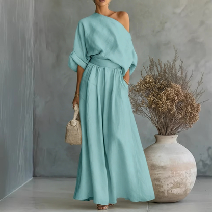 👗✨Women's Off-Shoulder Top And Wide-Leg Pants Set– Chic, Flowy & Effortless🌸