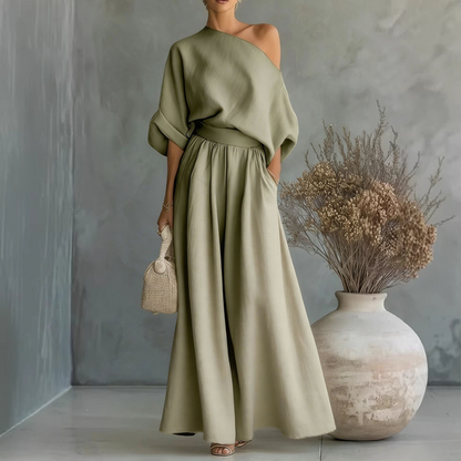 👗✨Women's Off-Shoulder Top And Wide-Leg Pants Set– Chic, Flowy & Effortless🌸