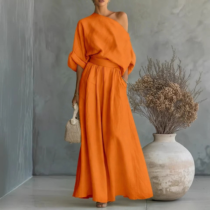 👗✨Women's Off-Shoulder Top And Wide-Leg Pants Set– Chic, Flowy & Effortless🌸