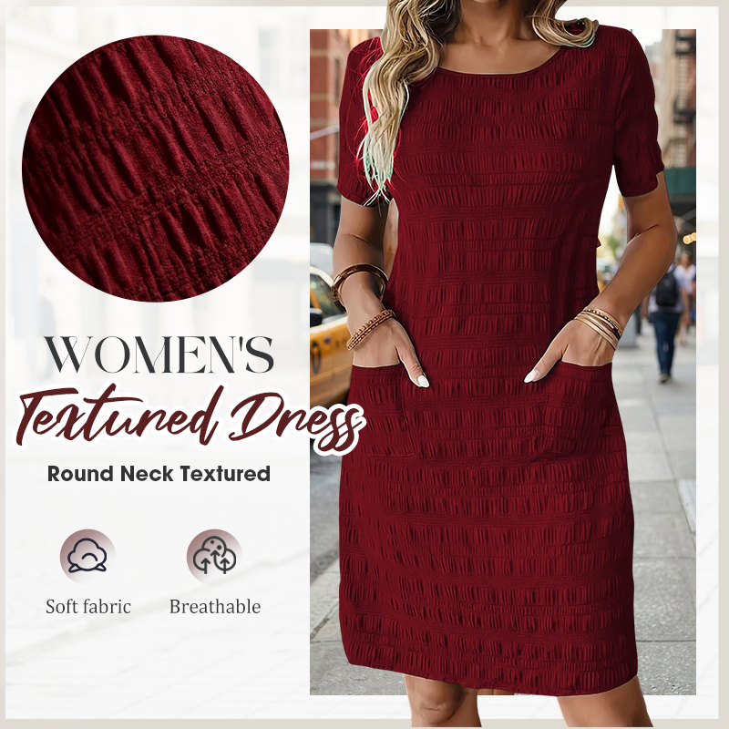 ⌛Zeitlich begrenztes Angebot👗 Damen Rundhals-Kleid mit Textur, knielang – gemacht für den Alltag✨