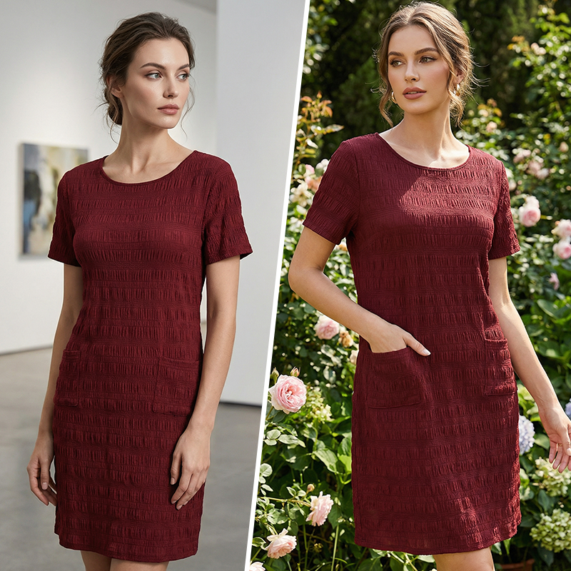 ⌛Zeitlich begrenztes Angebot👗 Damen Rundhals-Kleid mit Textur, knielang – gemacht für den Alltag✨
